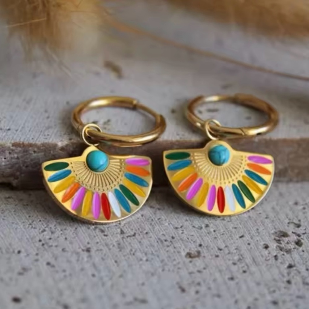 18k Gold Plated Enamel Rainbow Drop Hoop Earrings